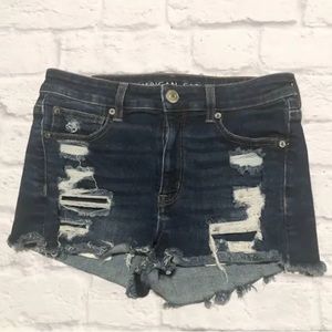 American Eagle Dark Wash Distressed Hi-rise Shortie Jean Shorts Size 8